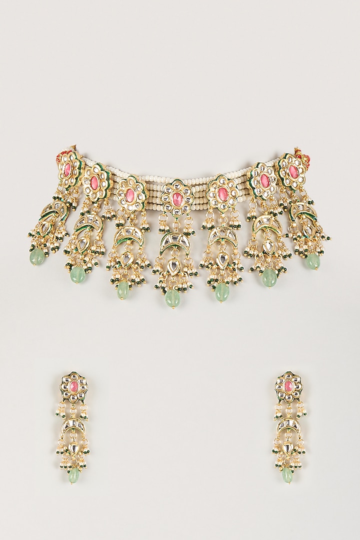 Gold Finish Multi-Colored Kundan Polki & Beaded Choker Necklace Set by Amreli Jaipur at Pernia's Pop Up Shop