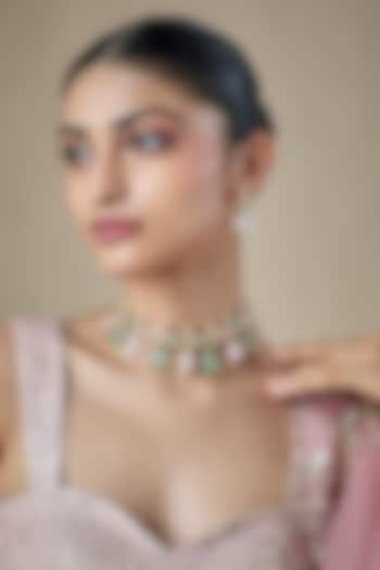 Gold Finish Green Kundan Polki & Carved Stone Choker Necklace Set by Amreli Jaipur at Pernia's Pop Up Shop