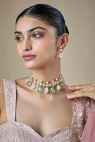 Gold Finish Green Kundan Polki & Carved Stone Choker Necklace Set by Amreli Jaipur