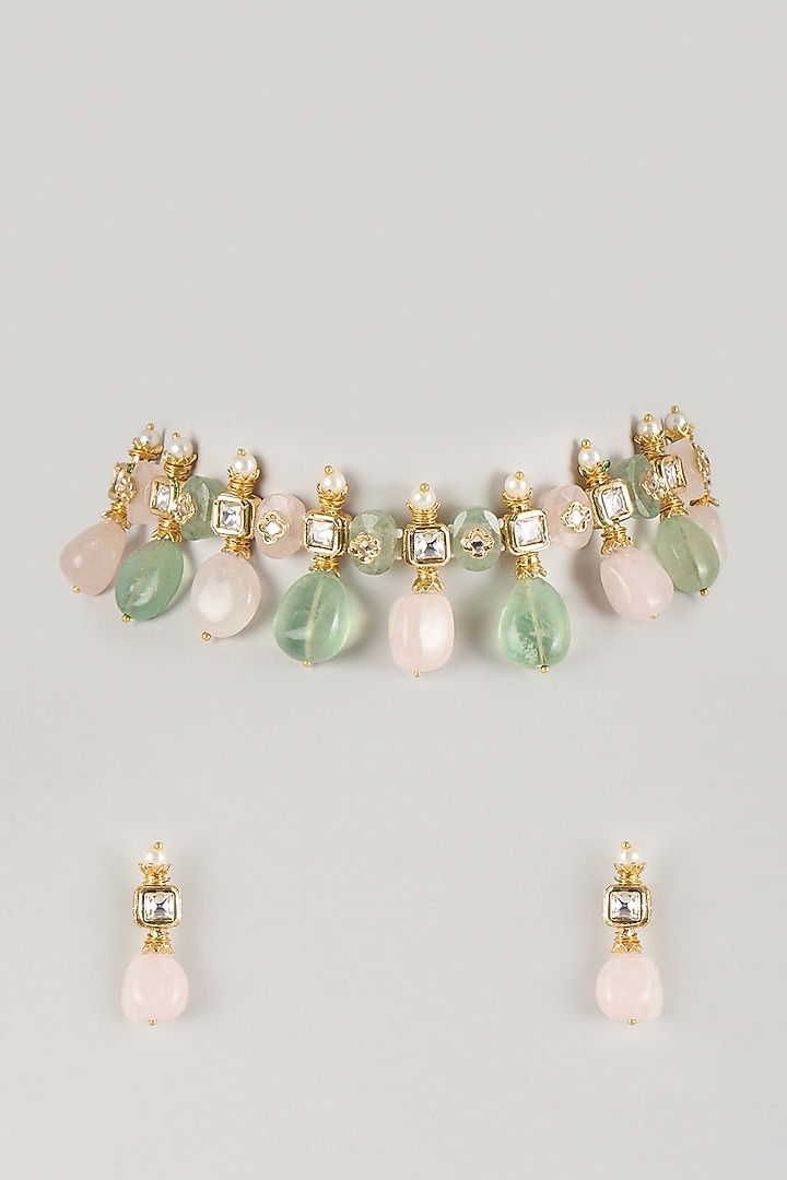 Gold Finish Green Kundan Polki & Carved Stone Choker Necklace Set by Amreli Jaipur at Pernia's Pop Up Shop