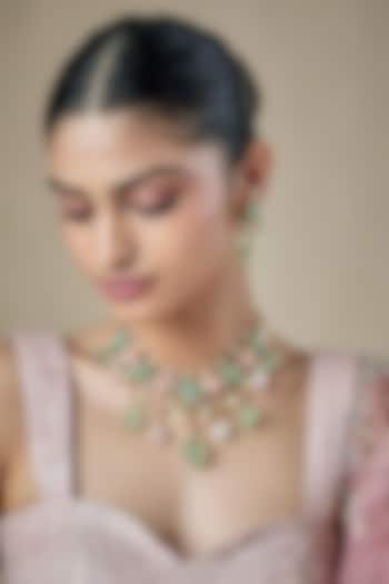 Gold Finish mint and pink kundan polki Choker Necklace Set by Amreli Jaipur at Pernia's Pop Up Shop