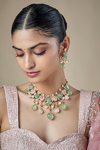 Gold Finish mint and pink kundan polki Choker Necklace Set by Amreli Jaipur