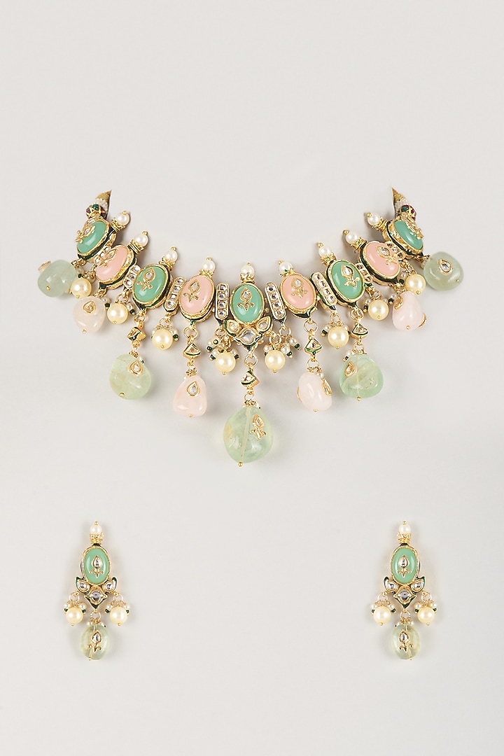 Gold Finish mint and pink kundan polki Choker Necklace Set by Amreli Jaipur at Pernia's Pop Up Shop