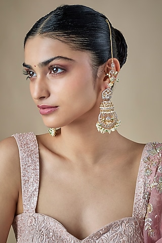 Gold Finish Kundan Polki & Pearl Dangler Earchains by Amreli Jaipur