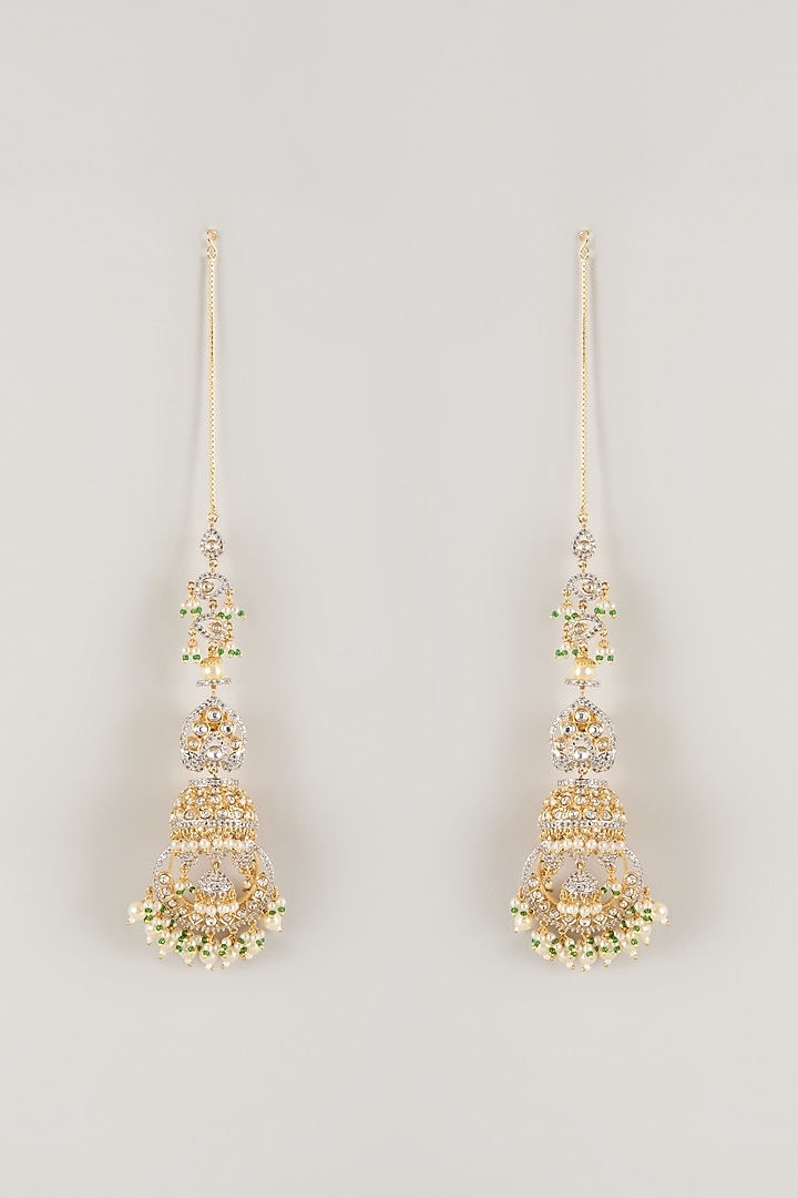 Gold Finish Kundan Polki & Pearl Dangler Earchains by Amreli Jaipur at Pernia's Pop Up Shop