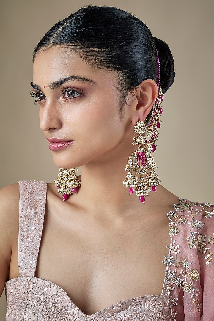 Gold Finish Pink Kundan Polki & Pearl Dangler Earrings by Amreli Jaipur at Pernia's Pop Up Shop