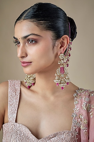 Gold Finish Pink Kundan Polki & Pearl Dangler Earrings by Amreli Jaipur