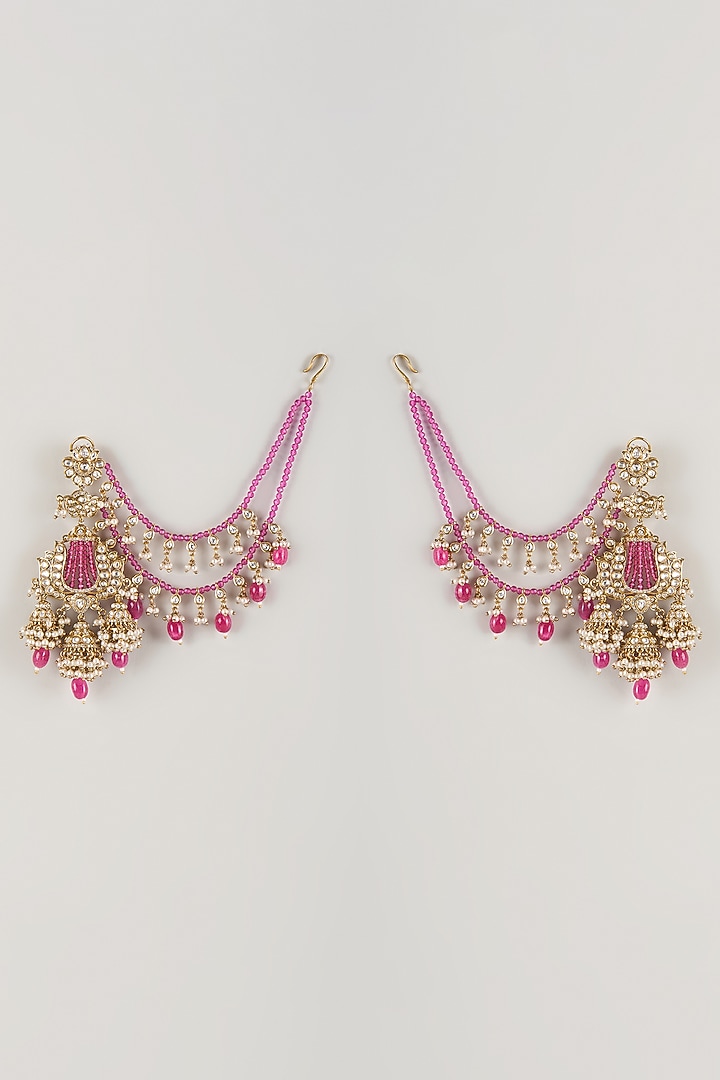Gold Finish Pink Kundan Polki & Pearl Dangler Earrings by Amreli Jaipur at Pernia's Pop Up Shop
