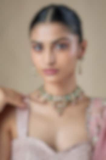 Gold Finish Mint Green Kundan Polki & Carved Stone Choker Necklace Set by Amreli Jaipur at Pernia's Pop Up Shop