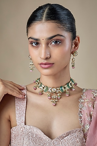 Gold Finish Mint Green Kundan Polki & Carved Stone Choker Necklace Set by Amreli Jaipur