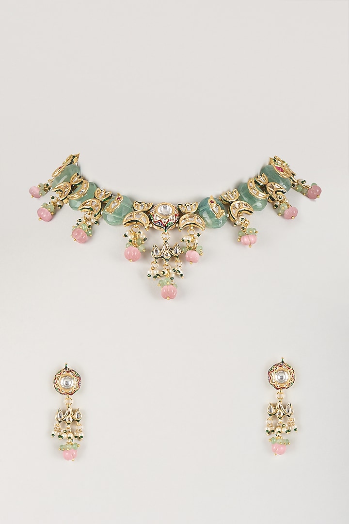 Gold Finish Mint Green Kundan Polki & Carved Stone Choker Necklace Set by Amreli Jaipur at Pernia's Pop Up Shop