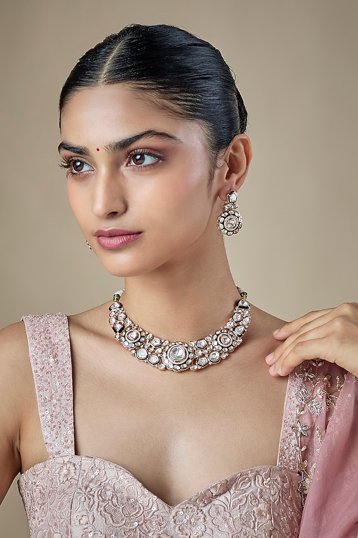 Gold Finish Kundan Polki & Emerald Stone Choker Necklace Set by Amreli Jaipur at Pernia's Pop Up Shop