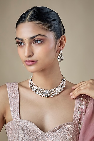 Gold Finish Kundan Polki & Emerald Stone Choker Necklace Set by Amreli Jaipur