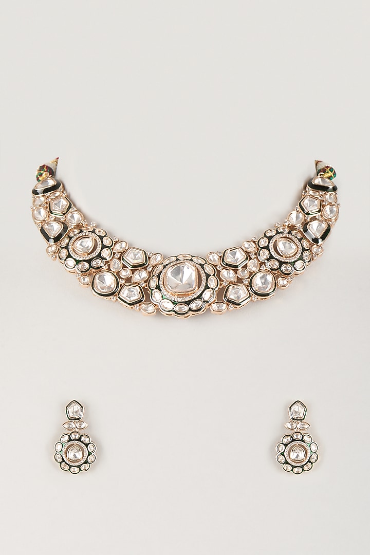 Gold Finish Kundan Polki & Emerald Stone Choker Necklace Set by Amreli Jaipur at Pernia's Pop Up Shop