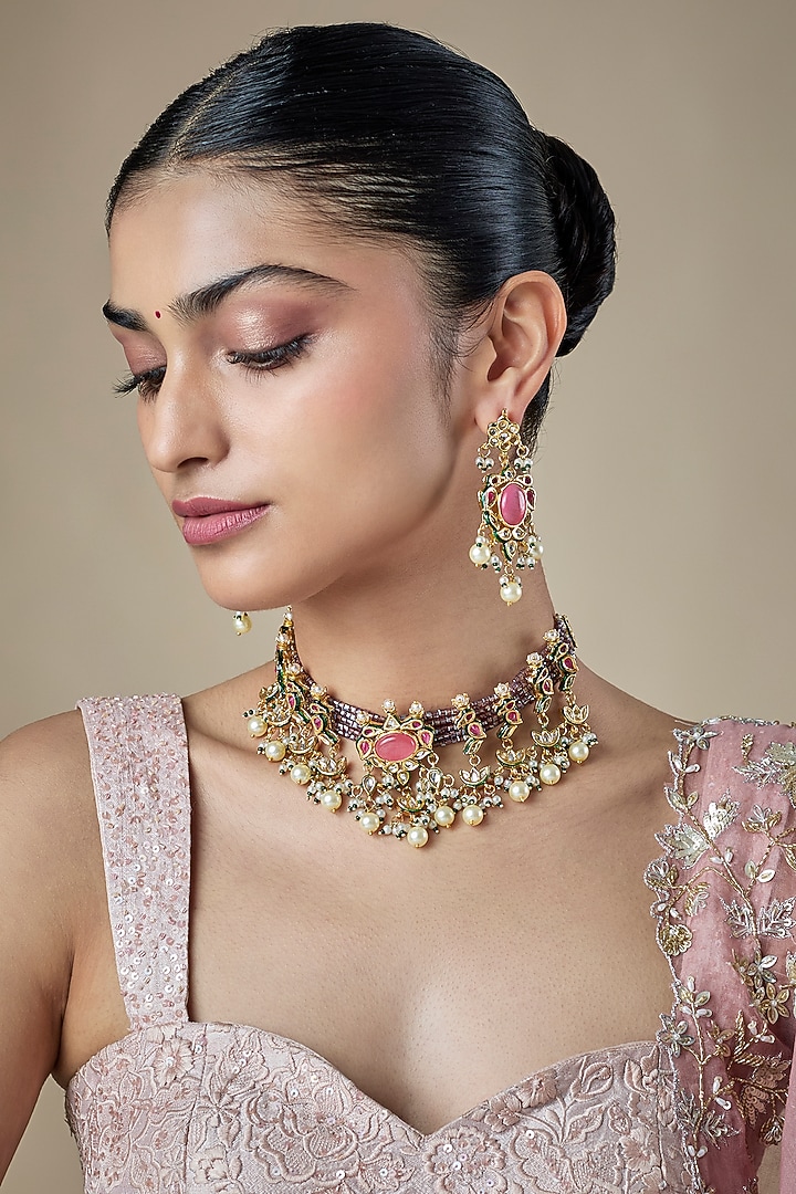 Gold Finish Multi-Colored Kundan Polki & Carved Stone Choker Necklace Set by Amreli Jaipur at Pernia's Pop Up Shop