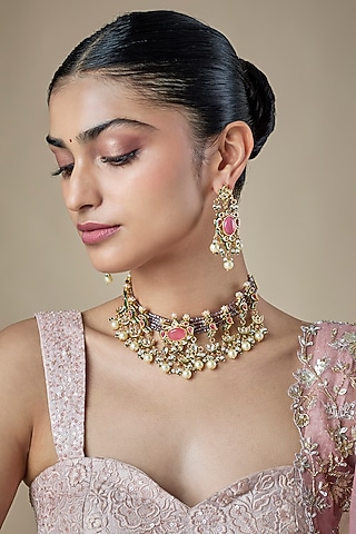 Gold Finish Multi-Colored Kundan Polki & Carved Stone Choker Necklace Set by Amreli Jaipur