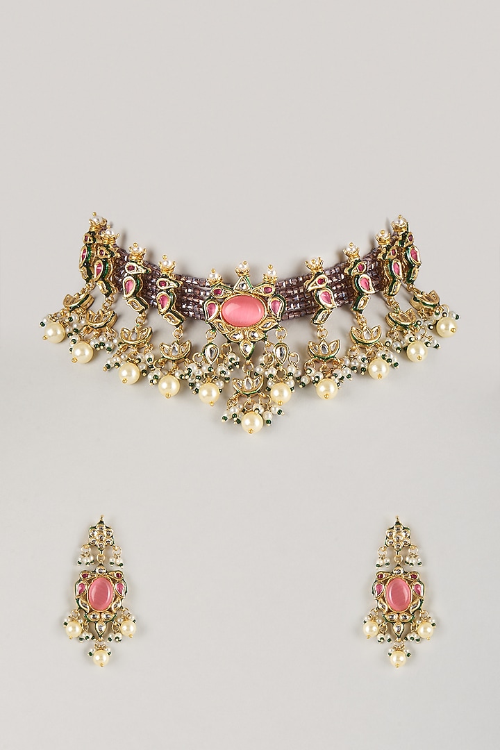 Gold Finish Multi-Colored Kundan Polki & Carved Stone Choker Necklace Set by Amreli Jaipur at Pernia's Pop Up Shop