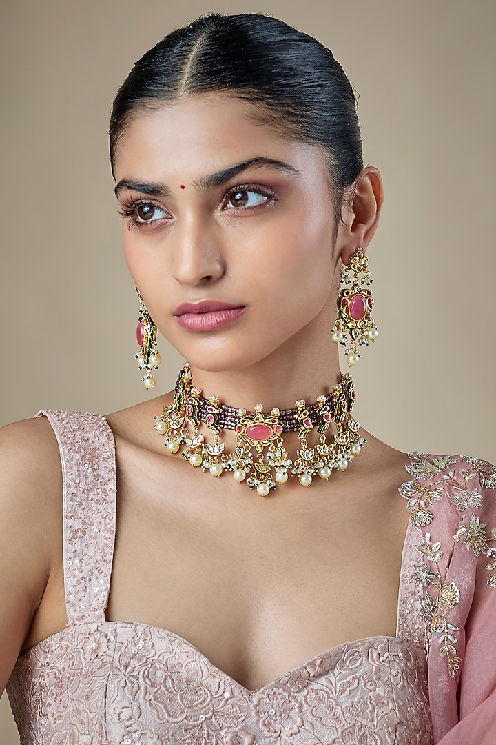 Gold Finish Multi-Colored Kundan Polki & Carved Stone Choker Necklace Set by Amreli Jaipur at Pernia's Pop Up Shop