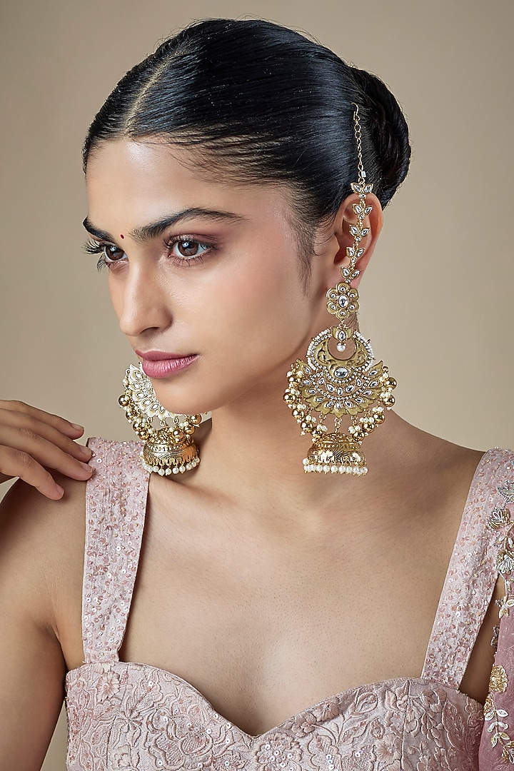 Gold Finish Kundan Polki & Pearl Dangler Earchains by Amreli Jaipur at Pernia's Pop Up Shop