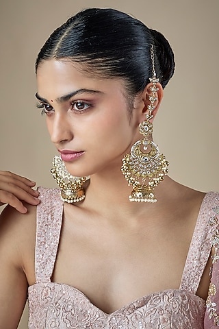 Gold Finish Kundan Polki & Pearl Dangler Earchains by Amreli Jaipur