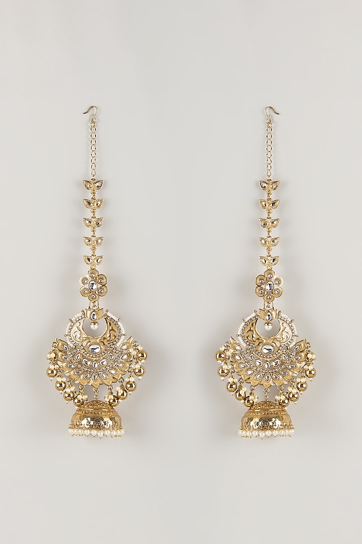 Gold Finish Kundan Polki & Pearl Dangler Earchains by Amreli Jaipur at Pernia's Pop Up Shop