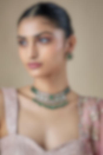 Gold Finish Kundan Polki & Emerald Beaded Choker Necklace Set by Amreli Jaipur at Pernia's Pop Up Shop