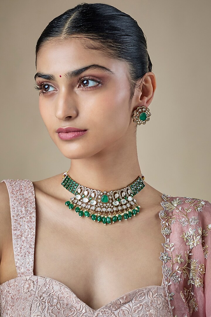 Gold Finish Kundan Polki & Emerald Beaded Choker Necklace Set by Amreli Jaipur at Pernia's Pop Up Shop