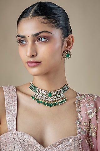 Gold Finish Kundan Polki & Emerald Beaded Choker Necklace Set by Amreli Jaipur