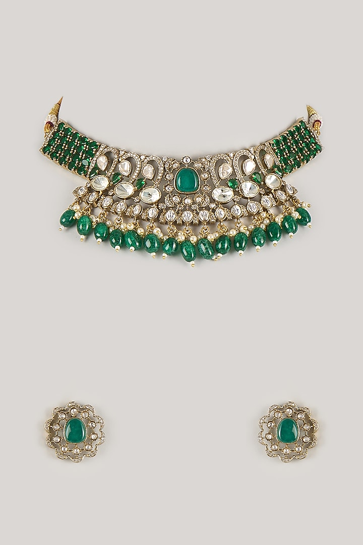 Gold Finish Kundan Polki & Emerald Beaded Choker Necklace Set by Amreli Jaipur at Pernia's Pop Up Shop