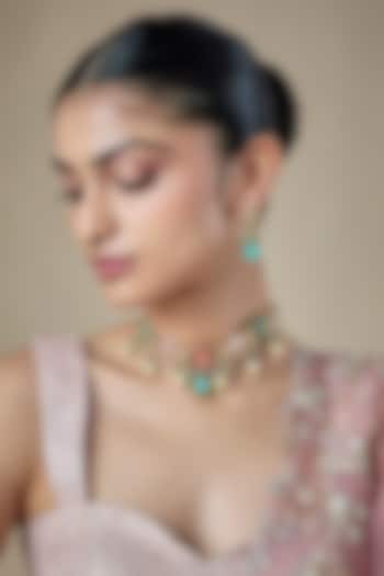 Gold Finish Multi-Colored Kundan Polki & Carved Stone Choker Necklace Set by Amreli Jaipur at Pernia's Pop Up Shop