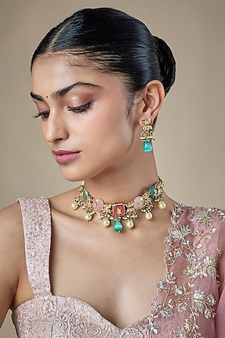 Gold Finish Multi-Colored Kundan Polki & Carved Stone Choker Necklace Set by Amreli Jaipur