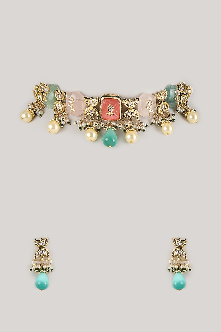 Gold Finish Multi-Colored Kundan Polki & Carved Stone Choker Necklace Set by Amreli Jaipur at Pernia's Pop Up Shop