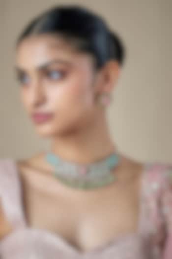Gold Finish Kundan Polki & Mint Beaded Choker Necklace Set by Amreli Jaipur at Pernia's Pop Up Shop