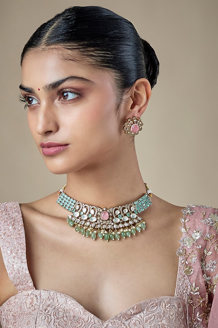Gold Finish Kundan Polki & Mint Beaded Choker Necklace Set by Amreli Jaipur at Pernia's Pop Up Shop