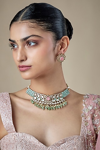 Gold Finish Kundan Polki & Mint Beaded Choker Necklace Set by Amreli Jaipur