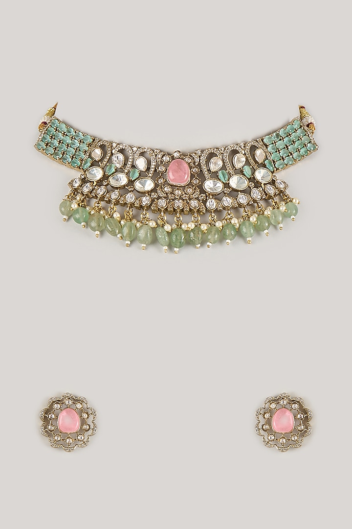 Gold Finish Kundan Polki & Mint Beaded Choker Necklace Set by Amreli Jaipur at Pernia's Pop Up Shop