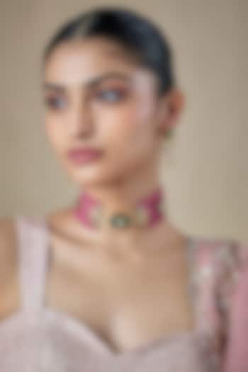 Gold Finish Multi-Colored Kundan Polki & Carved Stone Choker Necklace Set by Amreli Jaipur at Pernia's Pop Up Shop