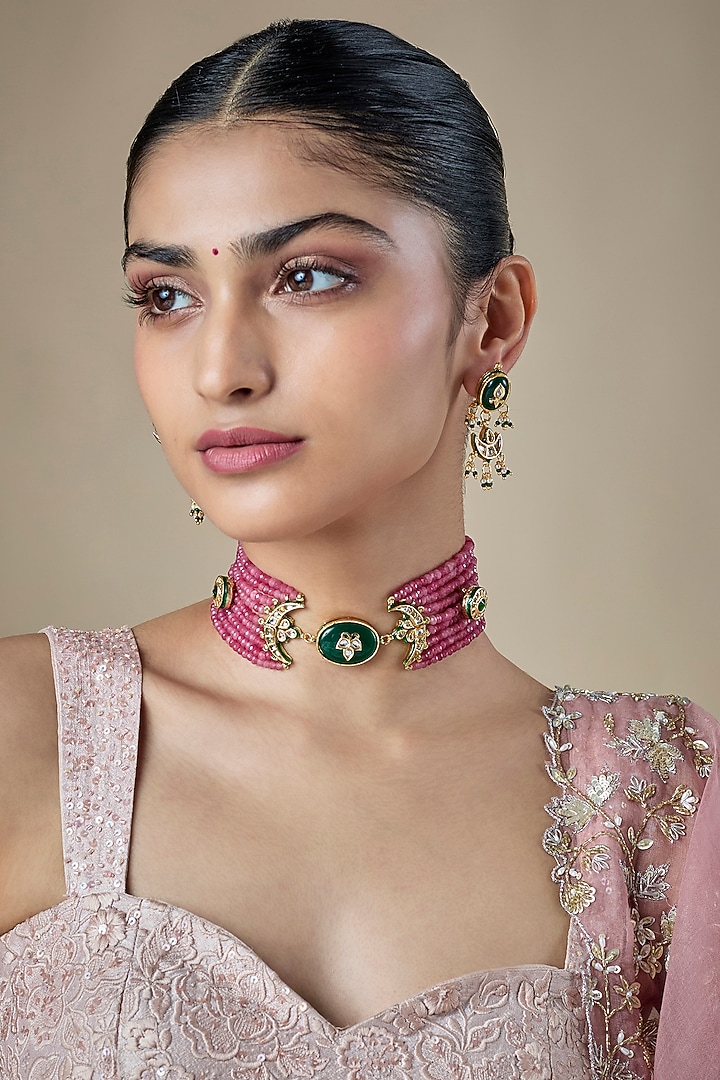 Gold Finish Multi-Colored Kundan Polki & Carved Stone Choker Necklace Set by Amreli Jaipur at Pernia's Pop Up Shop