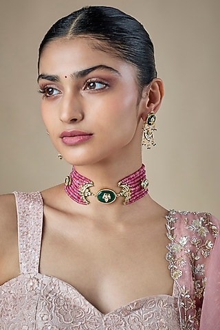 Gold Finish Multi-Colored Kundan Polki & Carved Stone Choker Necklace Set by Amreli Jaipur