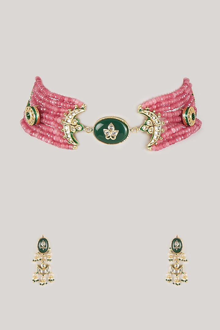 Gold Finish Multi-Colored Kundan Polki & Carved Stone Choker Necklace Set by Amreli Jaipur at Pernia's Pop Up Shop