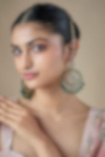 Gold Finish Green Kundan Polki & Pearl Chandbali Earchains by Amreli Jaipur at Pernia's Pop Up Shop