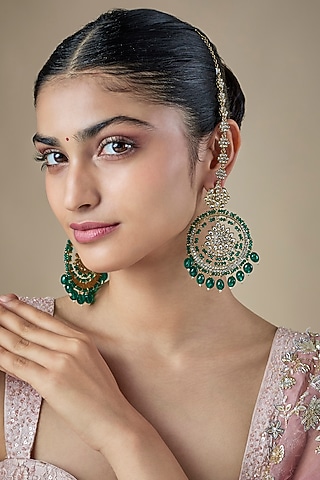 Gold Finish Green Kundan Polki & Pearl Chandbali Earchains by Amreli Jaipur