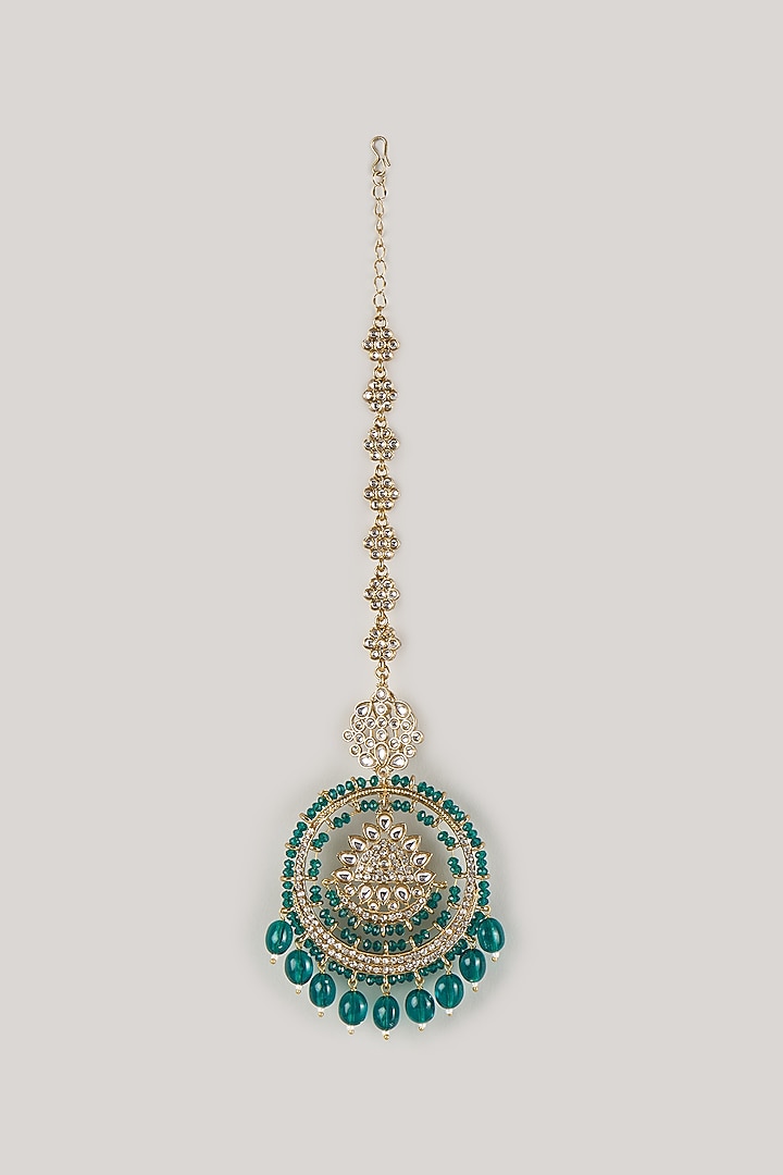 Gold Finish Green Kundan Polki & Pearl Chandbali Earchains by Amreli Jaipur at Pernia's Pop Up Shop