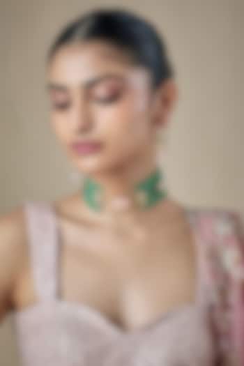 Gold Finish Mint green Kundan Polki & Carved Stone Choker Necklace Set by Amreli Jaipur at Pernia's Pop Up Shop