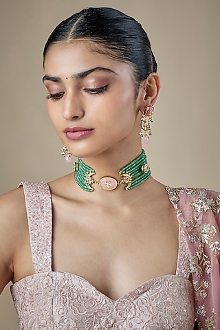 Gold Finish Mint green Kundan Polki & Carved Stone Choker Necklace Set by Amreli Jaipur