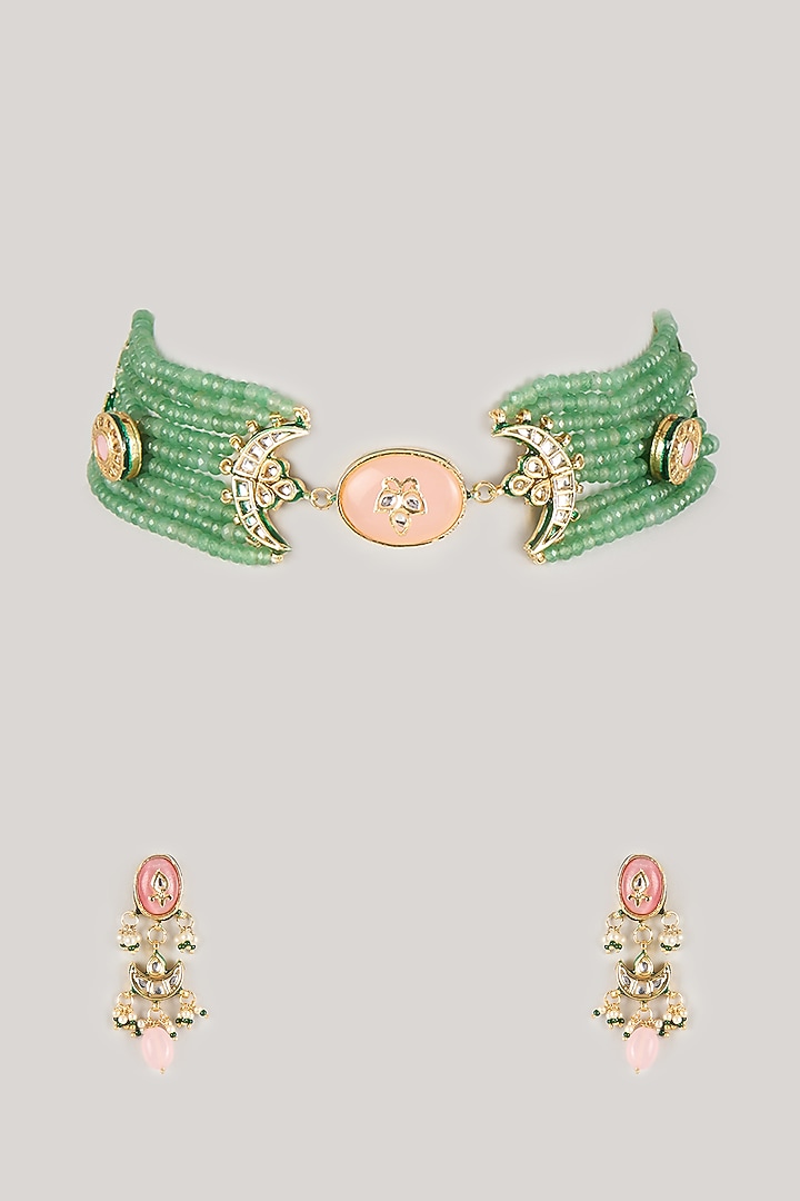 Gold Finish Mint green Kundan Polki & Carved Stone Choker Necklace Set by Amreli Jaipur at Pernia's Pop Up Shop
