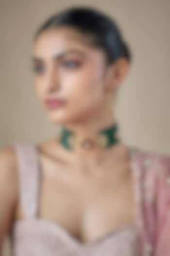 Gold Finish Emerald green Kundan Polki & Carved Stone Choker Necklace Set by Amreli Jaipur at Pernia's Pop Up Shop