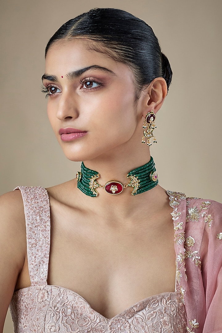 Gold Finish Emerald green Kundan Polki & Carved Stone Choker Necklace Set by Amreli Jaipur at Pernia's Pop Up Shop