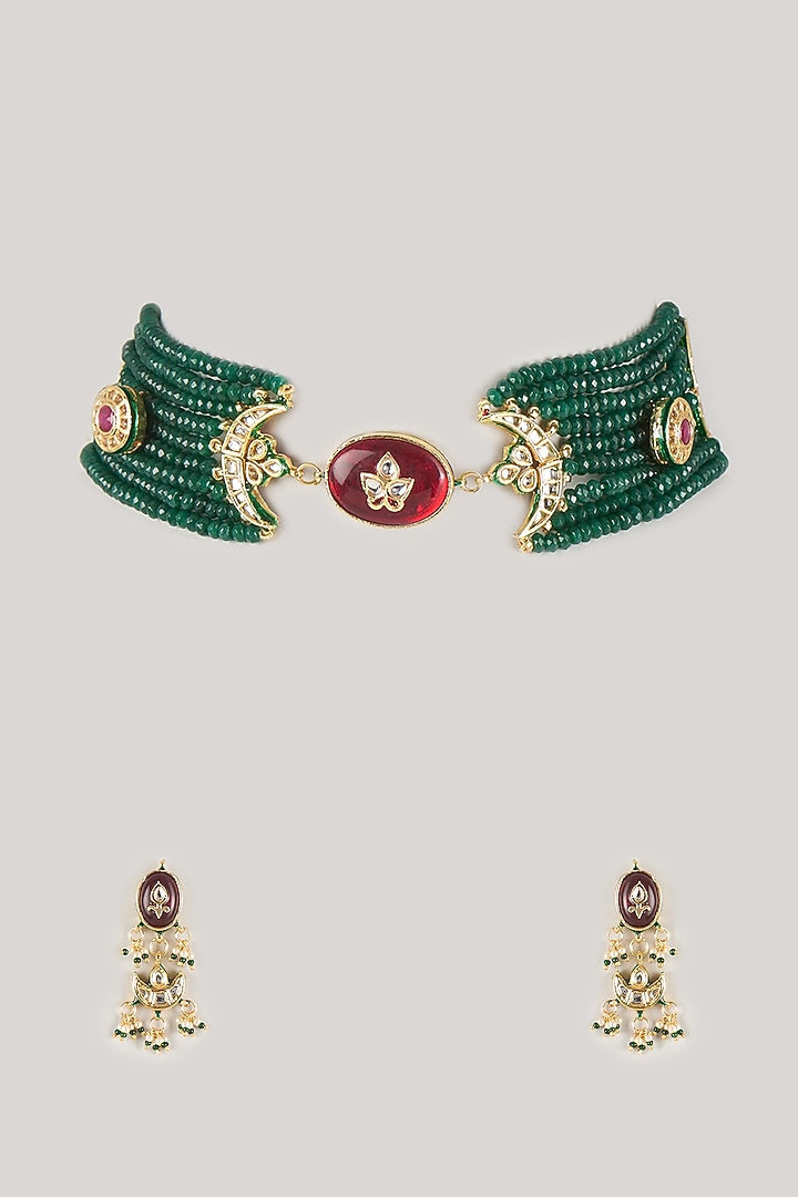 Gold Finish Emerald green Kundan Polki & Carved Stone Choker Necklace Set by Amreli Jaipur at Pernia's Pop Up Shop