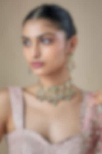 Gold Finish Green Kundan Polki & Carved Stone Choker Necklace Set by Amreli Jaipur at Pernia's Pop Up Shop